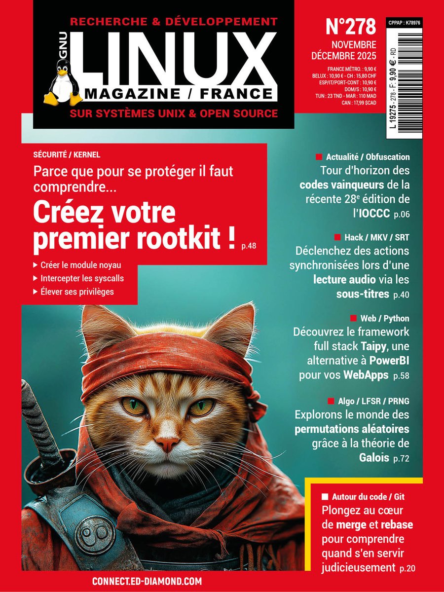 gnulinuxmag's tweet image. Comprenez pour mieux vous protéger : créez votre premier #rootkit avec notre dernier numéro de l'année. Rendez-vous en kiosque dans une semaine !
#programmation #cybersécurité #kernel #code
