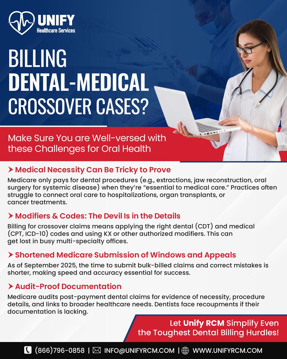 unifyrcm's tweet image. When dental procedures meet medical necessity, accuracy is everything!  Unlock the secrets to winning crossover claims, build audit-proof narratives, apply precise codes &amp;amp; beat new #Medicare deadlines with #UnifyRCM’s expert support. Bring in effortless oral-health reimbursement.