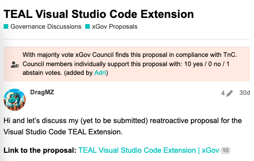 nonfungibleab's tweet image. Hello xGovs 👋 You can check whether the xGov council has reviewed a proposal and if it meets the program's terms and conditions by visiting the proposal discussion page in the Algorand forum and checking the notice at the top of the page.