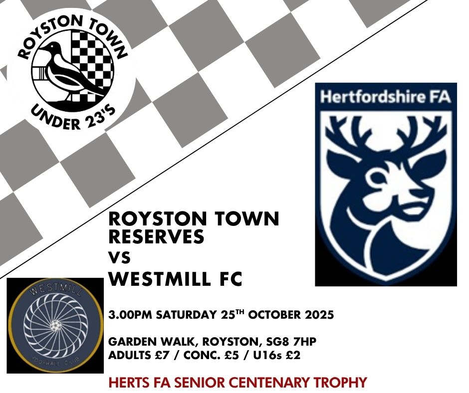 WE'RE BACK AT GARDEN WALK:
Over a month since our last home game, we are at Garden Walk tomorrow, Saturday 25th October, 3pm, where we take on local side <a href="/Westmill_FC/">Westmill FC</a> in the <a href="/HertfordshireFA/">Hertfordshire FA</a> Senior Centenary Trophy.

RTY &amp; Season Tickets are not valid for tomorrow's game.

Come