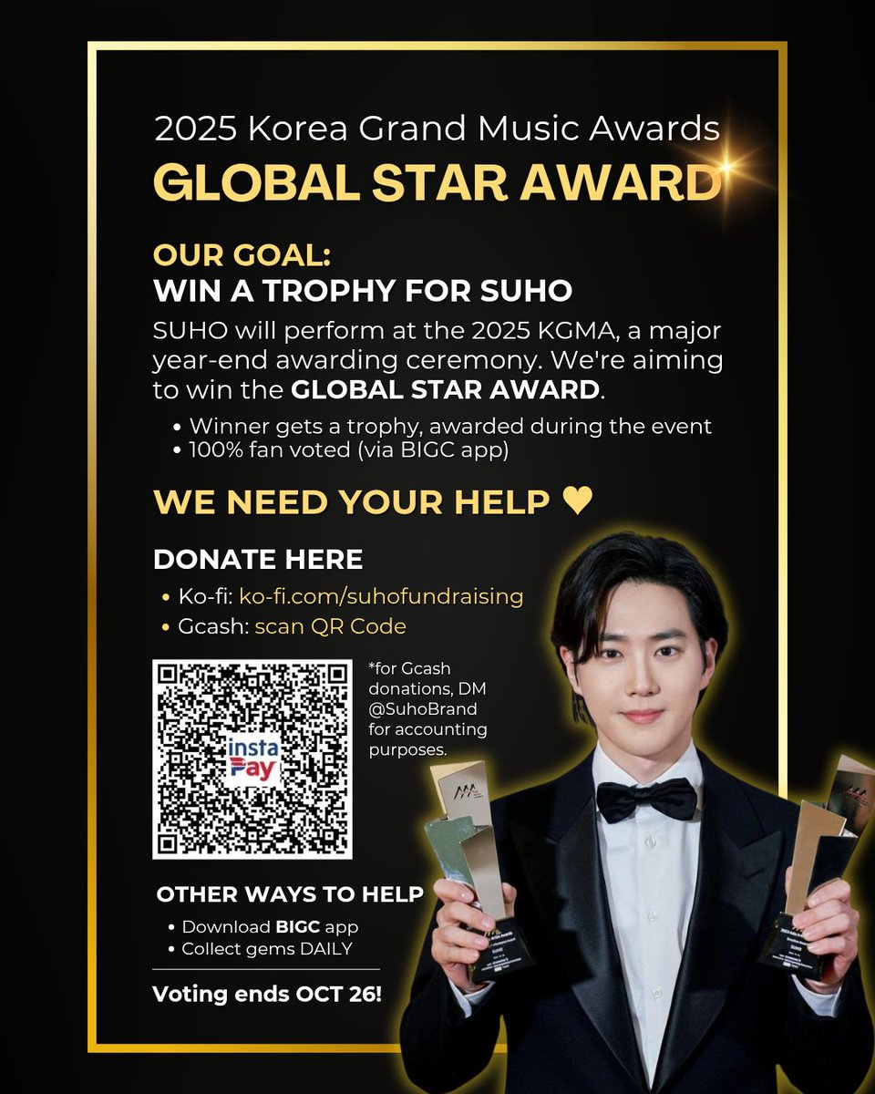 SUHOLOOK's tweet image. 2025 Korea Grand Music Awards (KGMA)
We're aiming for the GLOBAL STAR Award! 🏆✨️
Drop votes based on your location:
🔸️Asia: choice.bigc.im/votes/M72RW84D…
🔸️Africa: choice.bigc.im/votes/4QXZMNVD…
🔸️Europe: choice.bigc.im/votes/WX8ZQ68Z…
🔸️Oceania: choice.bigc.im/votes/1N7RGPER…
🔸️South…