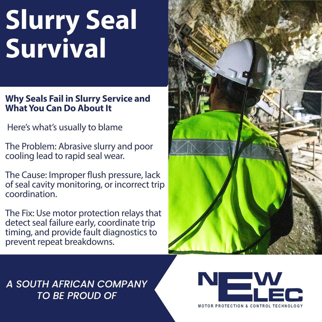 Abrasive slurry and poor cooling are a seal’s worst enemies.  

When flush pressure or seal cavity monitoring isn’t right, failures happen fast and downtime costs add up.

Learn more about advanced pump and motor protection: newelec.co.za

#Mining #SlurryPumps