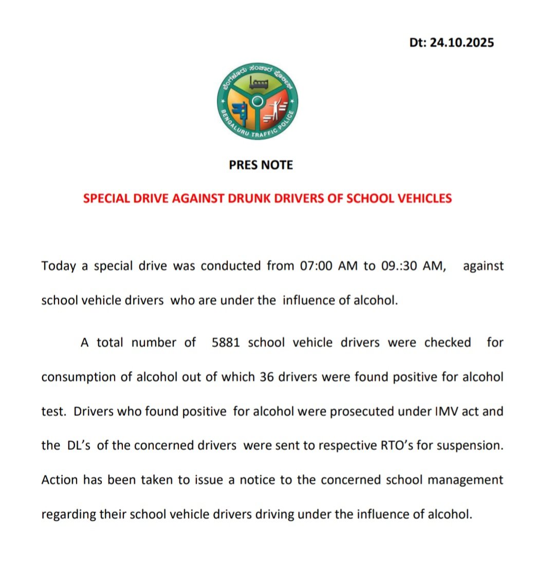 ChristinMathewPhilip (@christinmp_) on Twitter photo Bengaluru traffic police conducted a special drive (7-9:30am) against drunk school vehicle drivers. Out of 5,881 checked, 36 tested positive. Offenders were prosecuted, their licenses sent for suspension & schools notified of their drivers’ violations <a href="/blrcitytraffic/">ಬೆಂಗಳೂರು ಸಂಚಾರ ಪೊಲೀಸ್ BengaluruTrafficPolice</a> Bengaluru traffic police conducted a special drive (7-9:30am) against drunk school vehicle drivers. Out of 5,881 checked, 36 tested positive. Offenders were prosecuted, their licenses sent for suspension & schools notified of their drivers’ violations <a href="/blrcitytraffic/">ಬೆಂಗಳೂರು ಸಂಚಾರ ಪೊಲೀಸ್ BengaluruTrafficPolice</a>