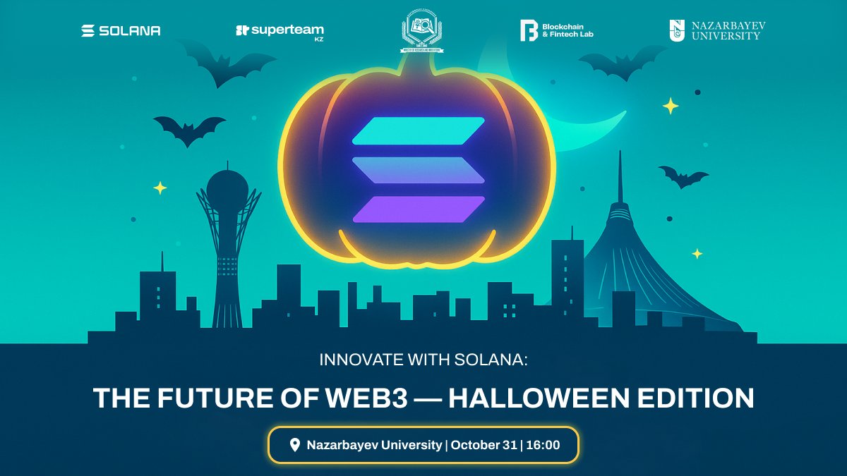 SuperteamKZ's tweet photo. 🚀 Innovate with Solana: The Future of Web3 - Halloween Edition
While our builders are deep in #BuildStation, polishing their projects for #Cypherpunk (Colosseum),
the Superteam KZ crew is bringing the Web3 energy offline in Astana 🎃
💡 Join us to explore how blockchain, fintech are shaping the next generation of the digital economy - and how Kazakhstan is rising as one of the fastest-growing Web3 hubs in the region.
✨ Expect insights, real projects, dev opportunities, networking, and a true Halloween-inspired vibe powered by Superteam KZ.
📅 October 31 |
📍 Nazarbayev University, Astana
🔗 https://t.co/7A4z5fssQH
The event is held in partnership with the SG Ministry of Research and Innovations and the Blockchain & Fintech Lab at NU.