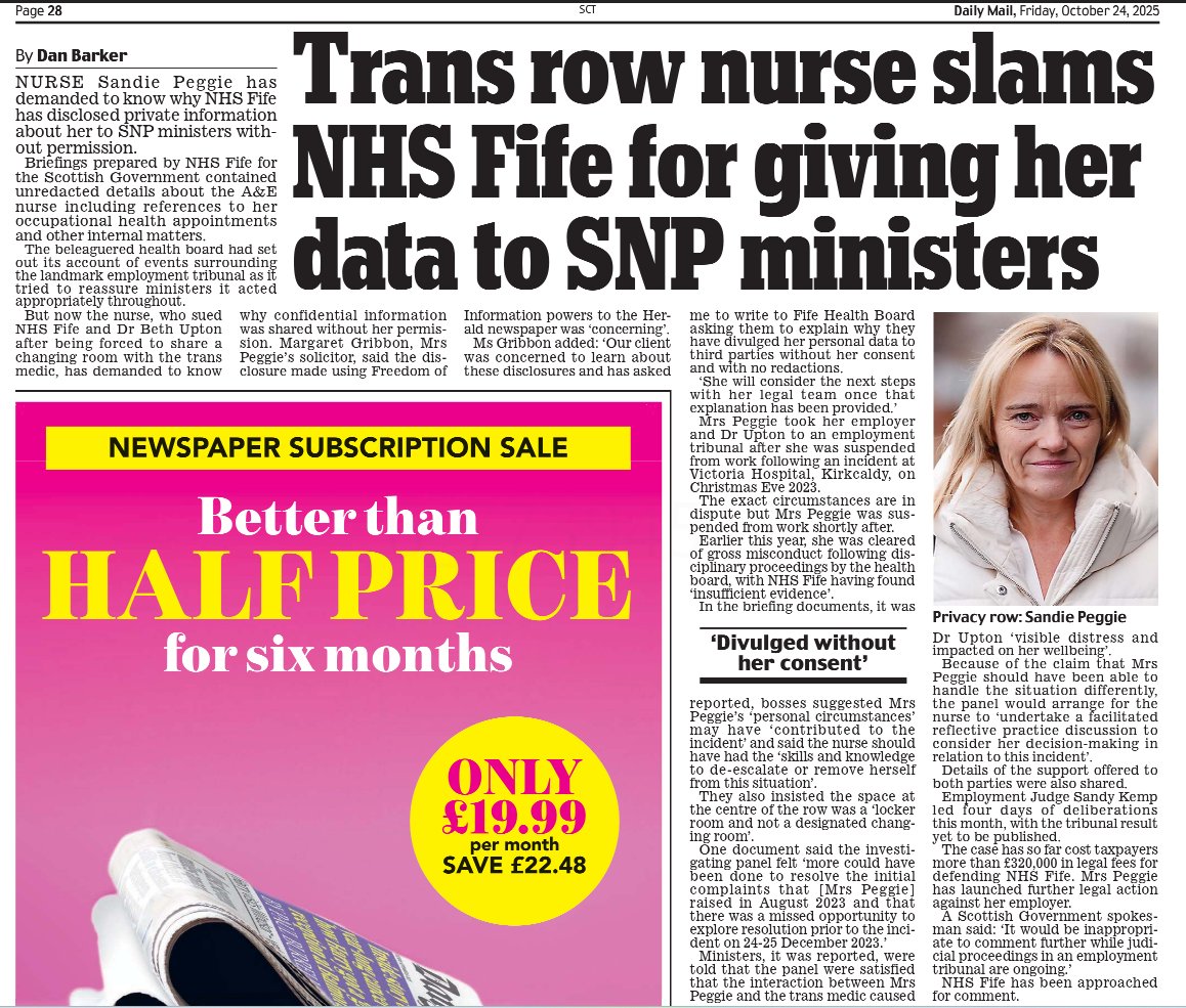 NHS Fife secretly passed Sandie Peggie's private medical and employment details to SNP ministers without her consent.

This is not a mistake — it’s a gross violation of trust, power, and privacy.

Heads should roll for this.