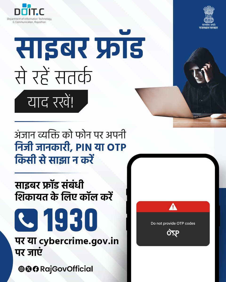 RajGovOfficial's tweet photo. सतर्क रहें, सुरक्षित रहें!
साइबर फ्रॉड से सुरक्षित रहने के लिए, सतर्क रहना जरूरी है। इसलिए फोन पर अपनी निजी जानकारी, PIN या OTP किसी से साझा नहीं करनी चाहिए। साइबर फ्रॉड संबंधी शिकायत के लिए, 1930 पर कॉल करें या https://t.co/Us5KtXzFtC पर जाएं।
#CyberSafety #DigitalFraudAlert #CyberAwareness