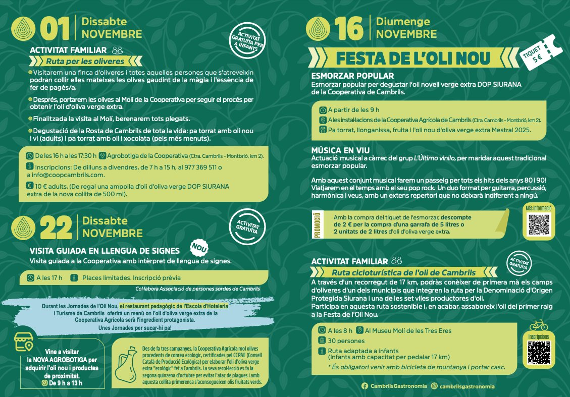 ajcambrils's tweet photo. PROMOCIÓ ECONÒMICA | 🫒 Del 31 d'octubre al 16 de novembre, celebrem les Jornades Gastronòmiques de l'Oli Nou de Cambrils, amb 32 restaurants participants, la Festa de l'Oli nou i activitats familiars.

Més informació 👉 https://t.co/5QDukgv0jA

#Cambrils https://t.co/ir3IGBlYpM