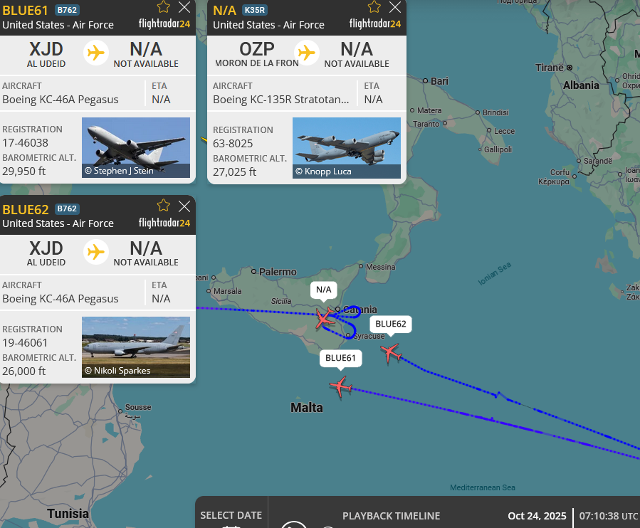 SirListenalot's tweet photo. ~0710z #KC46's #AE5E13 & #AE5FA8 #BLUE61-62 (Al-Udeid - MorΓ³n) hand over (six) "SW" #F16's #TREND.. out of Prince Sultan, KSA to #KC135 #AE014C #BLUE63 (round trip MorΓ³n) https://t.co/aXAa8OaLoK