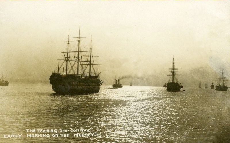 School ship HMS Conway on the Mersey. 
Source: Hall Genealogy Website. 

HMS Conway was a naval training establishment, or “school ship,” founded in 1859 and based for most of its existence aboard a 19th-century wooden ship of the line. Initially moored on the River Mersey near