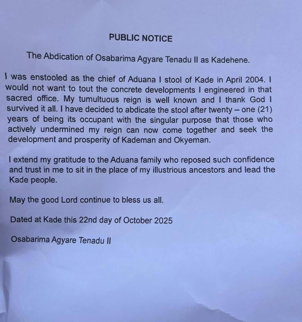 THESTATENEWSS's tweet image. Kadehene Steps Down After 21 Years
After two decades on the Kade stool, Osabarima Agyare Tenadu II has voluntarily abdicated, saying his decision is to promote unity and development in Kade and Okyeman.