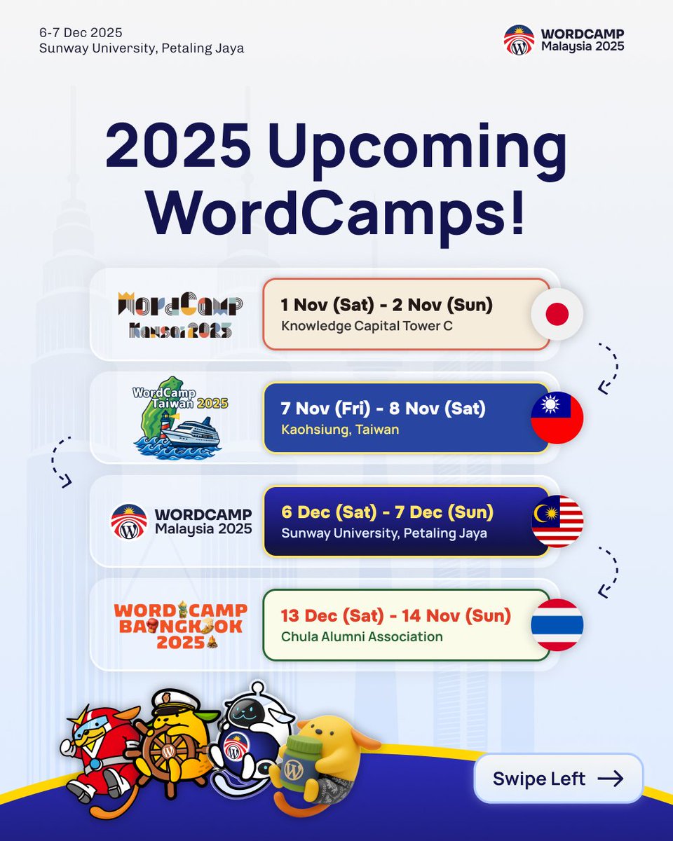 𝟮𝟬𝟮𝟱 𝗬𝗲𝗮𝗿 𝗘𝗻𝗱 𝗪𝗼𝗿𝗱𝗖𝗮𝗺𝗽, 𝗔𝘀𝘀𝗲𝗺𝗯𝗹𝗲!!! 🇲🇾 🇯🇵 🇹🇼 🇹🇭
WordCamp is where ideas meet inspiration! With the power of automation and AI shaping the next chapter, we are so ready to have you join us!
#WCMY25 #WCBKK25 #WCTW25 #wckansai2025 #WordCamp