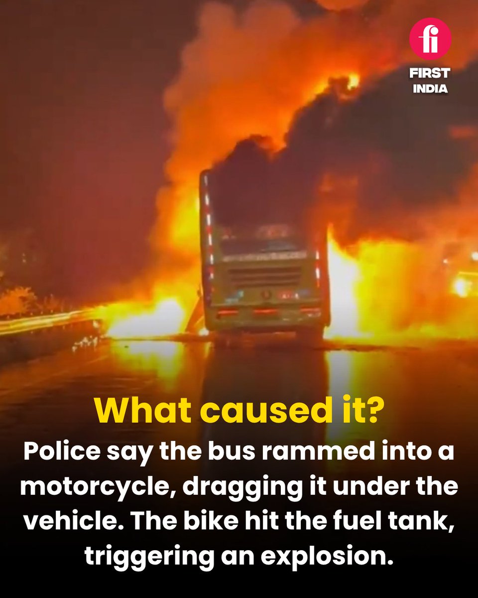 thefirstindia's tweet image. Several people died after a bus caught fire near Kurnool city in Andhra Pradesh. The bus went up in flames at around 3 am after it hit a motorcycle on the highway.

#KurnoolBusFire #AndhraPradeshAccident #BusTragedy #HighwayCrash #KurnoolTragedy #AndhraPradeshNews