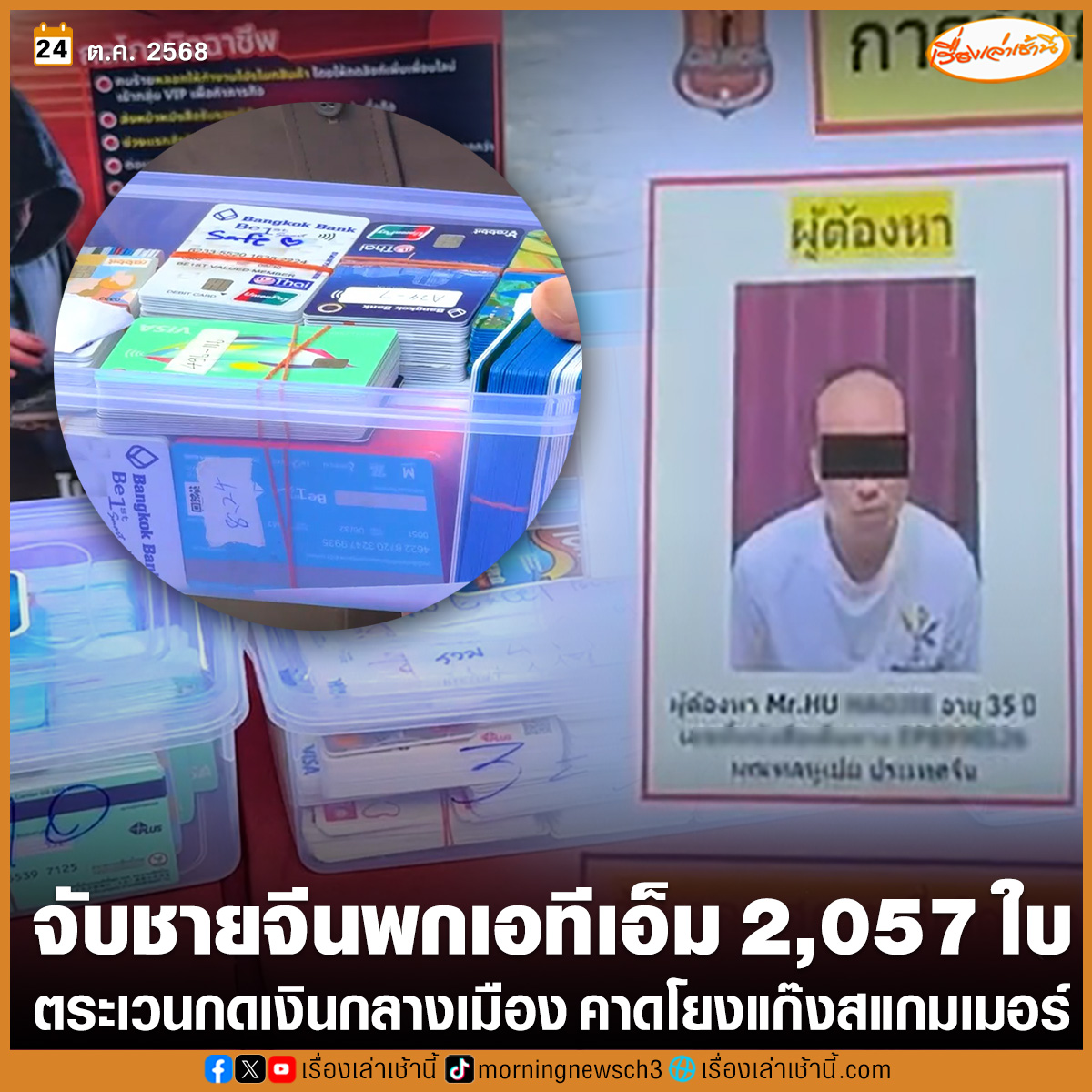 จับชายชาวจีน อายุ 35 ปี พกบัตรเอทีเอ็ม 2,057 ใบ พร้อมเงินสด 5 แสนบาท ตระเวนกดเงินกลางเมืองเชียงราย คาดเชื่อมโยงเครือข่ายสแกมเมอร์ข้ามชาติ

อ่านข่าว : ch3plus.com/news/social/mo…

#เรื่องเล่าเช้านี้ #ข่าวช่อง3 #ข่าวภูมิภาค