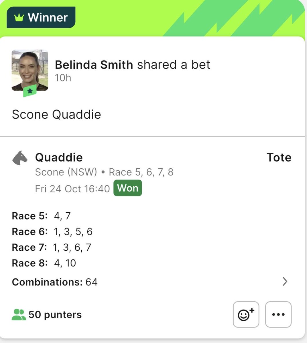 $64 investment for a $782 return. 
<a href="/SkyRacingAU/">SKY Racing</a> <a href="/tabcomau/">TAB</a>