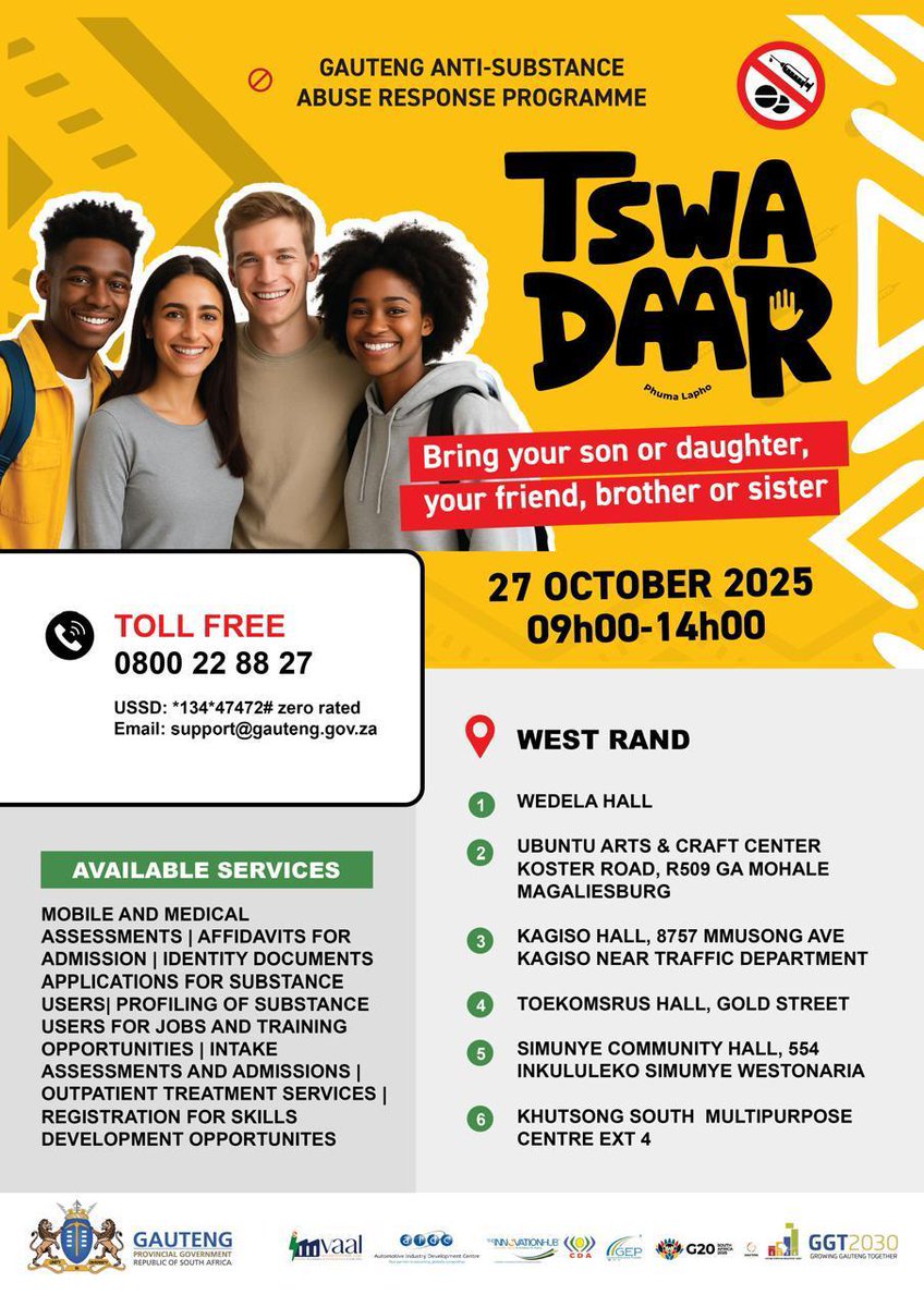Rand West get ready! It’s time to rise.

The Gauteng Province
is launching #TswaDaar, a province-wide anti-substance abuse movement bringing help, hope and action to every corner. Come to a site near you and get help to beat your addiction. 

#TswaDaar #GrowingGautengTogether