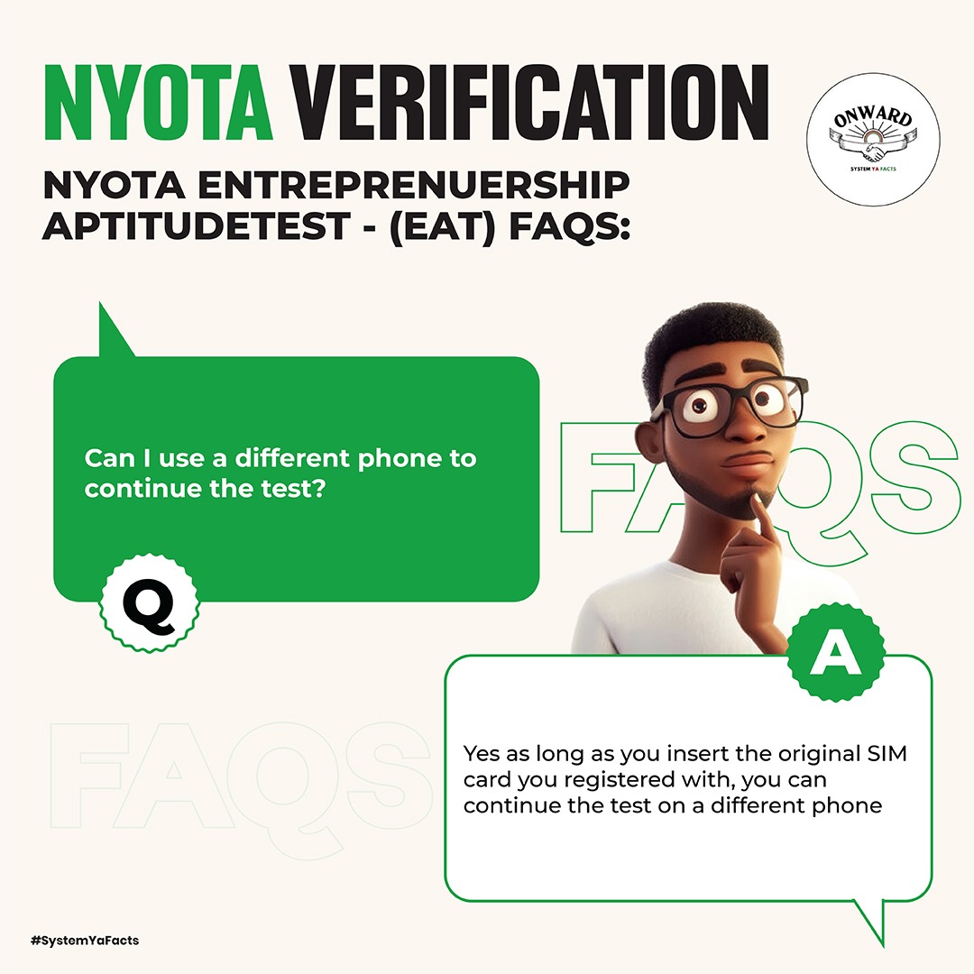 naledifusion's tweet image. Need to switch phones during your NYOTA Entrepreneurship Aptitude Test (EAT)? No problem! Simply insert your original SIM card, and you can pick up where you stopped. Expanding Youth Opportunities with flexibility and 50K For Biz! #NYOTAVerification