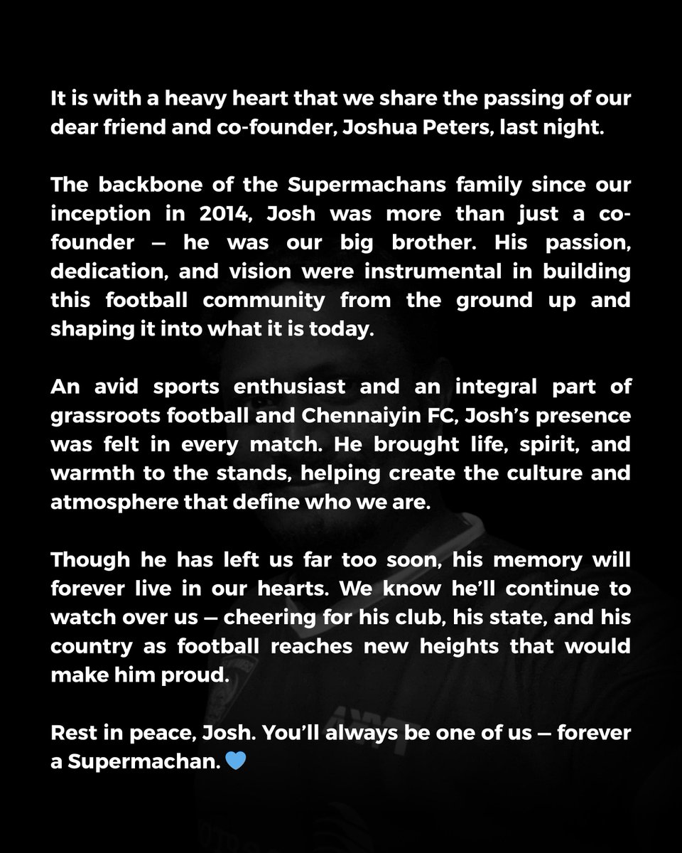 Supermachans's tweet image. With heavy hearts, we share that our dear friend and Co-Founder, JOSHUA PETERS, passed away last night.

His passion and vision built this Supermachans family, and his spirit will live on in every chant and every heartbeat of the club.

Rest easy, Josh 💙