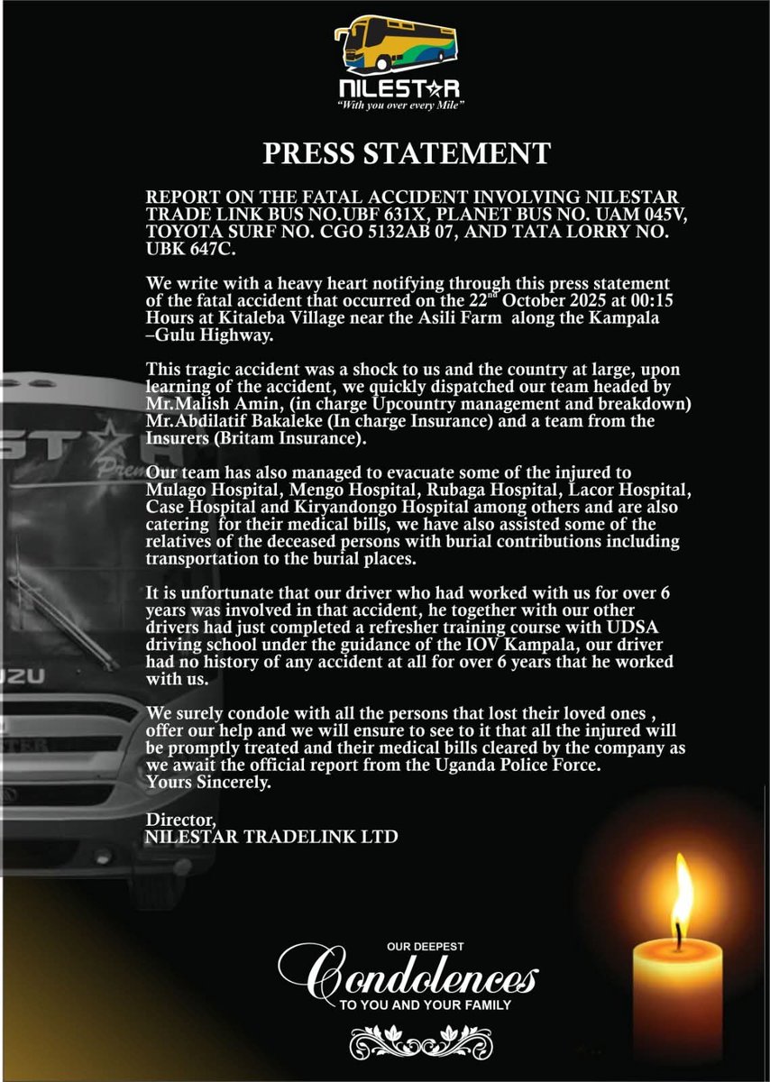 Nile Star Bus Company releases a press statement about the tragic Wednesday night accident along Gulu-Kampala Highway at Kitaleba village, claiming dozens of lives.

#RadioPacisNews #RadioPacisAt21 #PeaceOfChristForAll