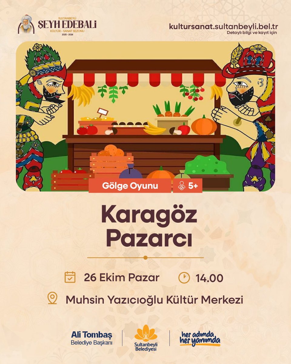 🎭 Bu Hafta Sonu Miniklerimize Tiyatro Keyfi!

Sultanbeyli Belediyesi olarak çocuklarımızı birbirinden eğlenceli tiyatro oyunlarıyla buluşturuyoruz! 🌟

📅 25 Ekim Cumartesi
🕓 14.00
🎭 Çevreci Balık — İstanbulensis Gençlik Merkezi
🎭 Vız Vız Kardeşler — Prof. Dr. Necmettin