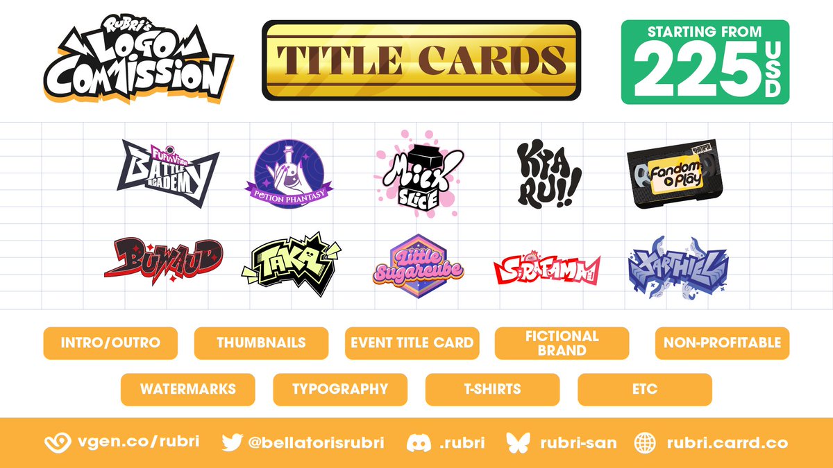 Rubri's Logo Commission OPEN 24/7! 

Searching for cool logos?
Look no further!

If you're interested, please reach me at   
💬DM are always open!
📧bellatorisrubri(at)gmail(dot)com
🎧Discord - .rubri
🎨VGen - vgen(dot)co/rubri
🦋rubri-san 

Thank you and have a nice day!