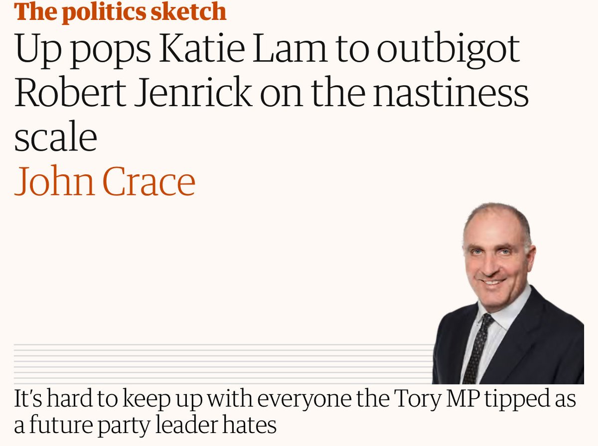 “Spare a thought for Robert Jenrick here. Honest Bob has made it his life’s work to make the most toxic divisive statements…And then up pops Katie to completely outclass him on the nastiness scale” <a href="/JohnJCrace/">John Crace</a> theguardian.com/politics/2025/…