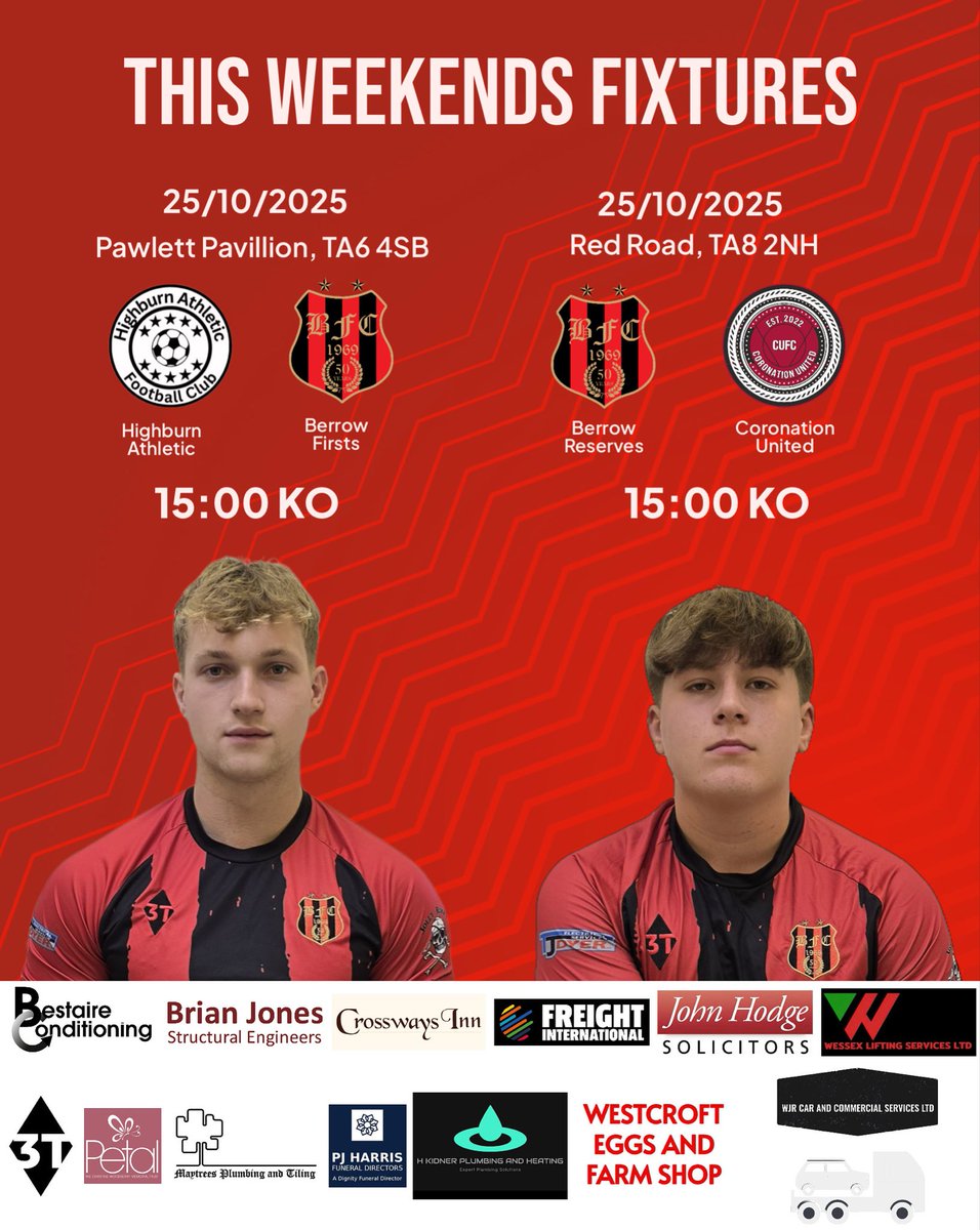 UPCOMING FIXTURES 🔴⚫️🔴⚫️

This weekend, it’s only the men that take to the field with the Firsts taking on Highburn Athletic in the Cup 🏆 and the Reserves play at home to Coronation United 🤩

If you’re free why not come down and support the lads #UTB 👊🔴⚫️
