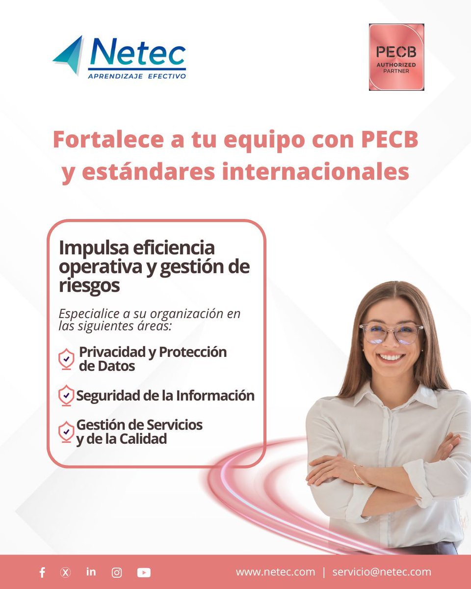 netec's tweet image. 💡 Capacita a tu equipo con PECB y potencia sus habilidades para mejorar la eficiencia operativa, gestionar riesgos y asegurar la excelencia en tu organización.
🔗 Más información ➡️ hubs.la/Q03PZMJV0
#NetecConecta #PECB #CapacitacionTI #TalentoTI #TransformacionDigital