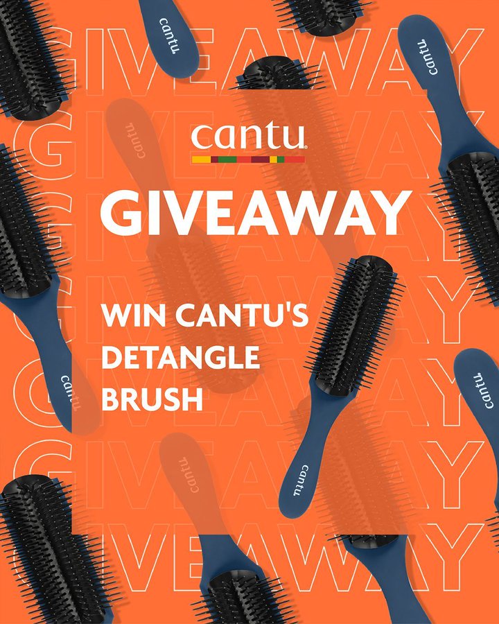 Image: https://pbs.twimg.com/media/G4Aro2BXUAAb2Z2?format=jpg&name=900x900 Multiple views of a blue-handled black-bristled detangle brush arranged on an orange background with green striped accents Bold white text reads GIVEAWAY and WIN CANTU DETANGLE BRUSH The Cantu logo appears in white on blue sections