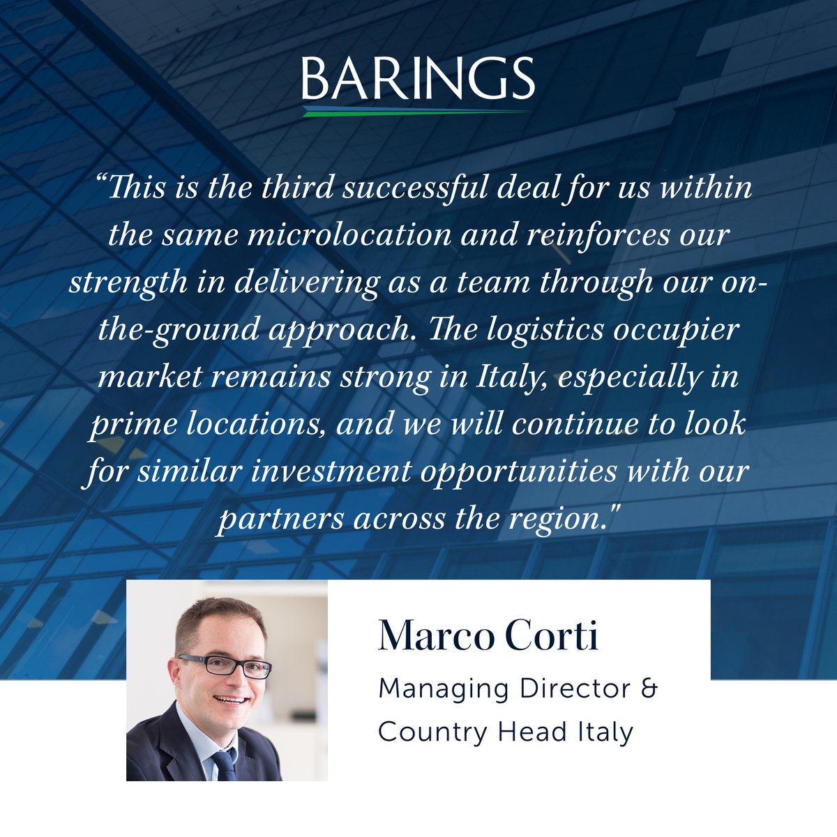 Barings has completed the sale of newly built Grade A logistics warehouse in Italy to a German institutional investor on behalf of one of its value-add funds.

Learn more: ow.ly/vcu150XgXWX