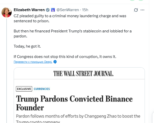 WeardDev's tweet photo. 🚨JUST IN

<
U.S. Democrat Elizabeth Warren claims that Changpeng Zhao paid Donald Trump a $2 billion bribe in the #USD1 stablecoin through the UAE-based company MGX
>

Do you think this is like a bribe?

#Crypto #Bitcoin #Trump #CZ #Binance 

- W.D. 🔸 https://t.co/Tez6QbDaU0
