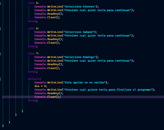 R65589Regino's tweet image. ¡Desafío completado! ✅ Programa en C# que muestra el día de la semana con un menú usando `switch`. ¿Alguna sugerencia para mejorarlo? ¡Comparte tu código o ideas! #CSharp #ComunidadProgramadora #Coding