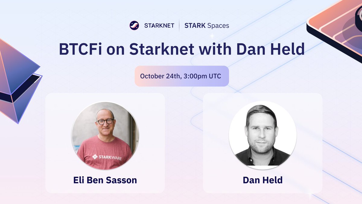 Starknet is becoming the best place for Bitcoiners to actually do more with their Bitcoin.

Today at 3PM UTC, <a href="/EliBenSasson/">Eli Ben-Sasson | Starknet.io</a> &amp; <a href="/danheld/">Dan Held</a> go live to discuss what sets Starknet apart and what’s already live for Bitcoin.

Set a reminder &amp; join us.