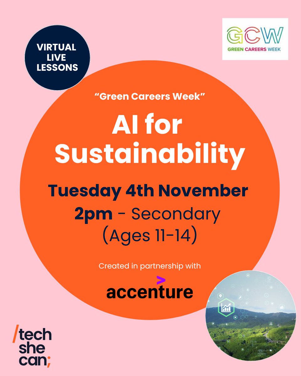 🌍 Tech for Sustainable AI – LIVE KS3 Lesson! 💡

How can Artificial Intelligence help us protect our planet? 🌳🌊💨

Join Tech She Can this Green Careers Week for a special Tech We Can LIVE lesson that will explore how AI is tackling deforestation, cleaning our oceans, and