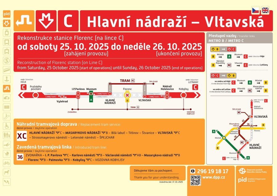 Schematic poster in Czech detailing metro line C reconstruction from Hlavni nadrazi to Vltavska station with dates October 25 to 26 2025 service interruption highlighted in red arrows and text boxes explaining temporary bus replacements numbered 36 56 59 and other lines like A B with orange highlights for affected sections and a QR code at the bottom.