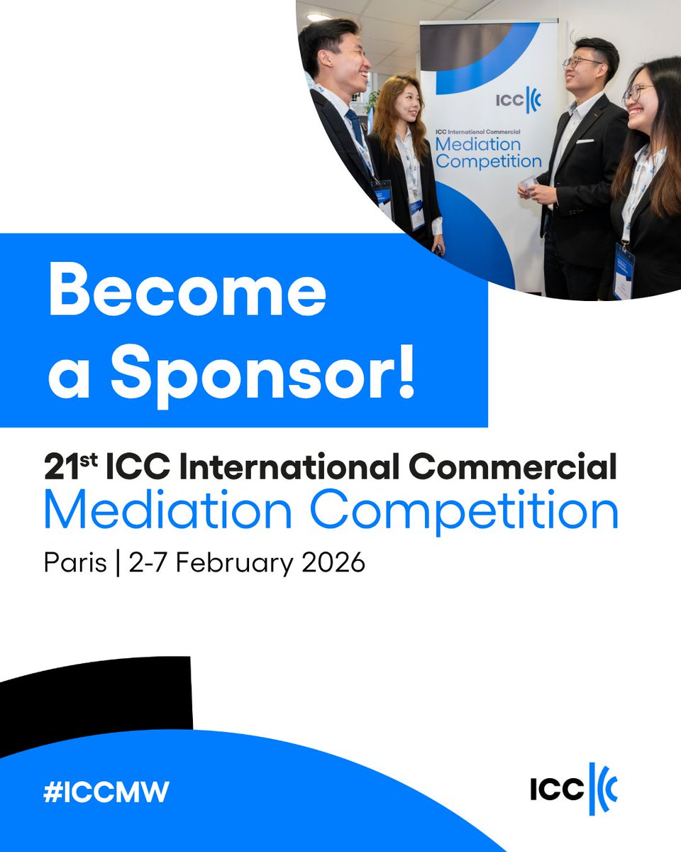 Become a Sponsor of the 21st ICC Mediation Competition! 🤝
 
Join us in empowering the next generation of mediators at one of the world’s largest educational competitions dedicated to mediation.

📄 View all opportunities and download the brochure: 2go.iccwbo.org/icc-internatio…