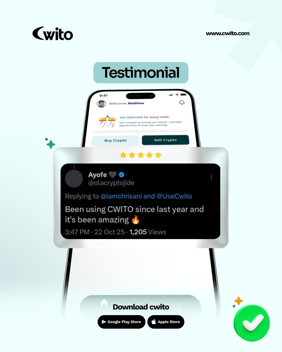 ✨ It’s Testimonial Friday!
💬 Our users say it best!
Cwito isn’t just an app, it’s a smooth crypto experience trusted by many.

Start using Cwito and enjoy hassle-free transactions today.

Visit cwito.com/download.

#Cwito #TestimonialFriday #CryptoToCash