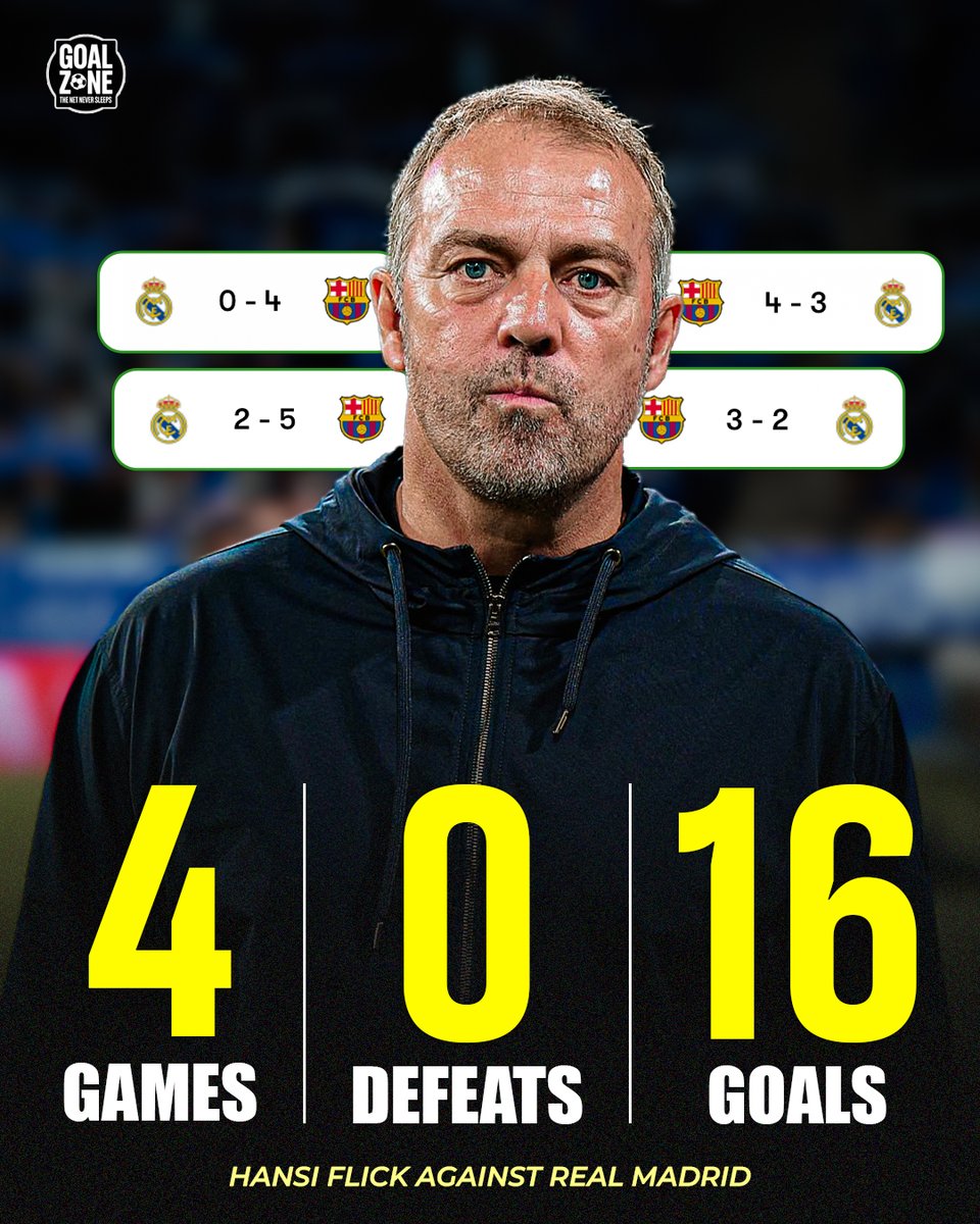 GoalZoneX's tweet photo. Flick dropped 16 goals on Madrid in 4 games and didn’t lose once.😳 https://t.co/TduukqQZbW
