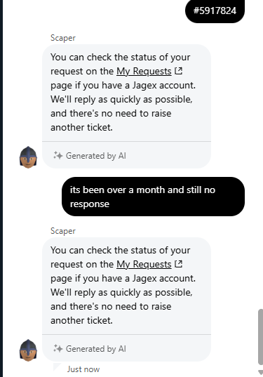 Anversgaming's tweet photo. @JagexSupport its been over a month no response and your chat bot is awfull. take a look finally please?#5917824 https://t.co/pkK1LvmeJb