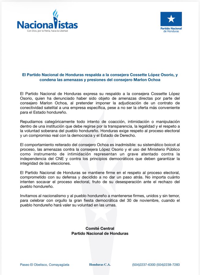 Scanned formal document on official letterhead from Partido Nacional de Honduras addressed to consejera Cossette López Osorio discussing support for her candidacy in the National Congress elections emphasizing defense of legality transparency and popular will against threats and including details on electoral processes party commitments and signatures from party officials.