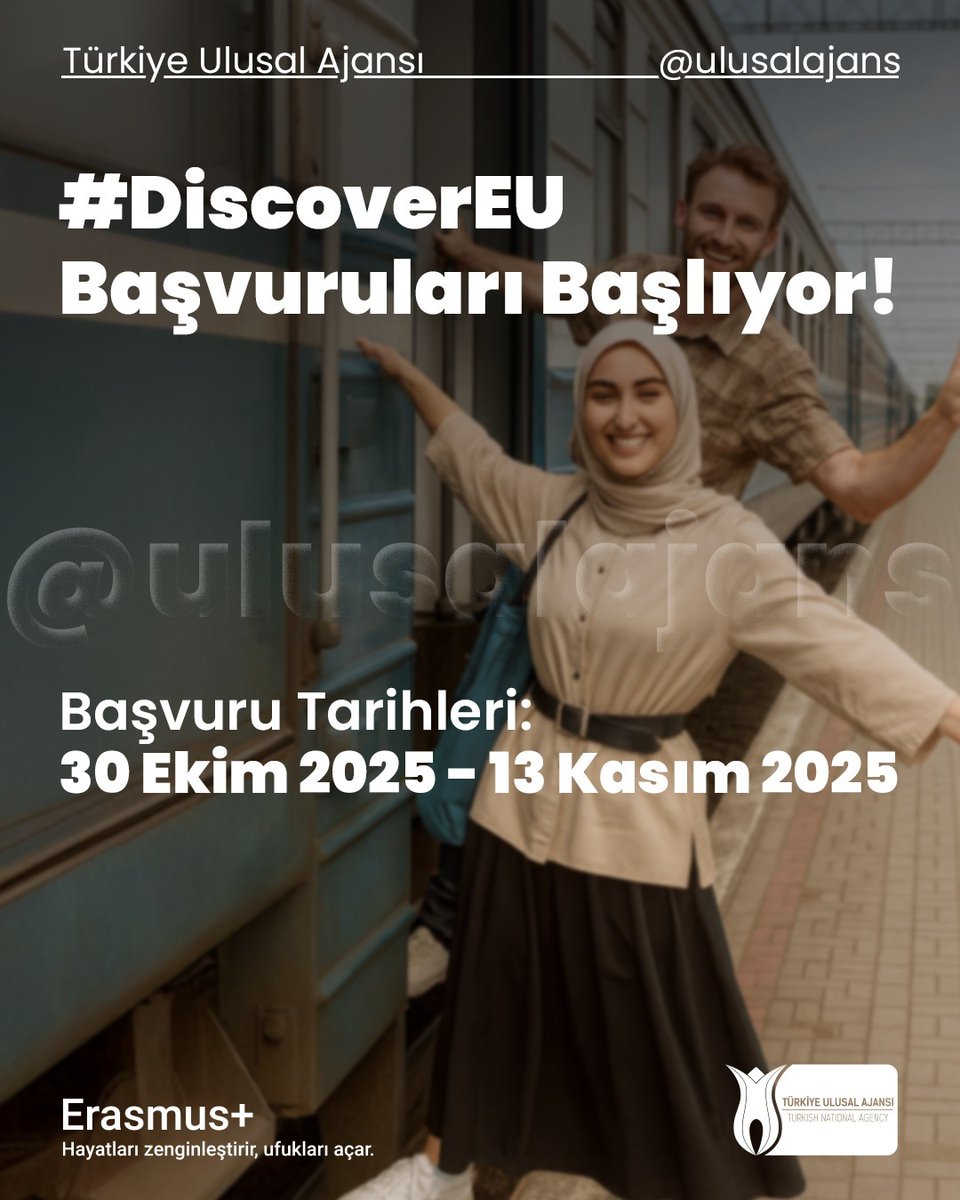 🎉18 yaşındasın ve dünyayı keşfetmeye hazırsın!✨
#DiscoverEU seni bekliyor!🚆🌍
#DiscoverEU seyahat biletine başvur ve AB ülkeleri başta olmak üzere 30’dan fazla ülkeyi keşfeme fırsatını kaçırma!
📌Başvurular 30 Ekim’de başlıyor!
🗓Son Başvuru: 13 Kasım 2025
👉Başvuru için: