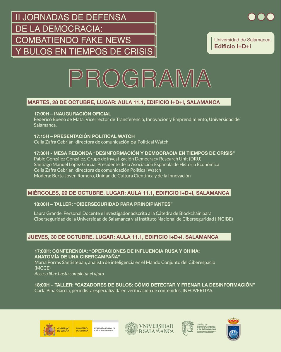 ❌✅ II Jornadas de Defensa de la Democracia: Combatiendo Fake News y Bulos en Tiempos de Crisis

🗓️ 28-29-30 de octubre
📍 Aula 11.1 Edificio I+D+i

En colaboración con <a href="/Defensagob/">Ministerio Defensa</a>