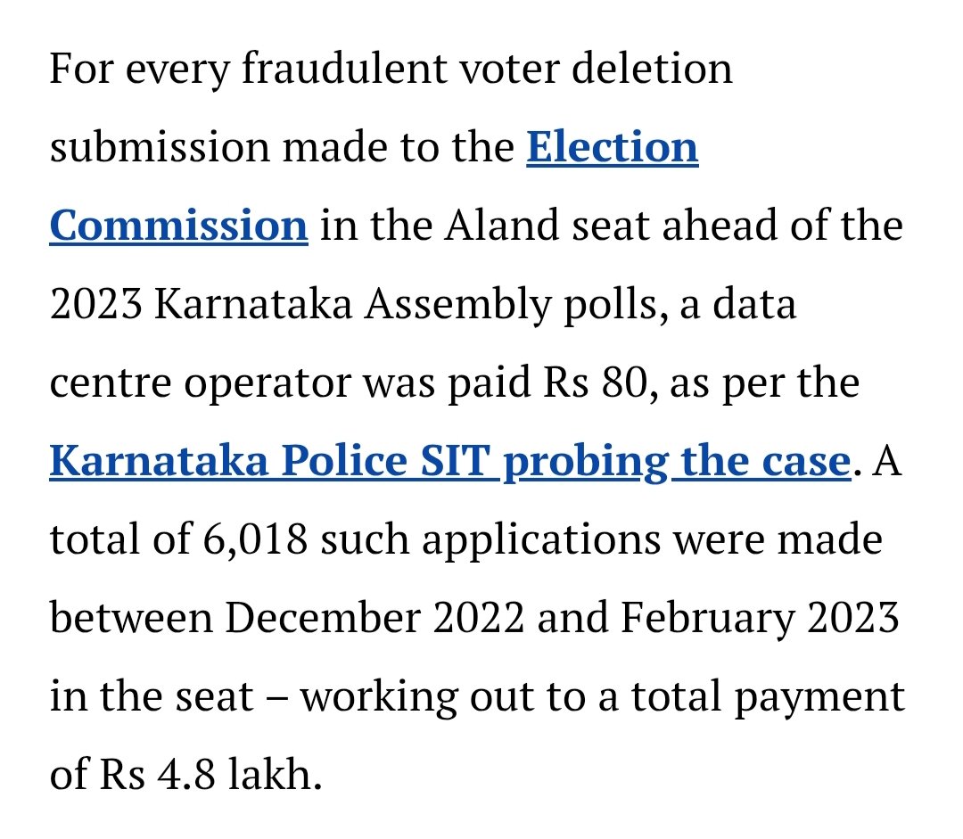 PunsterX's tweet photo. Karnataka SIT has found that a data centre operator was paid ₹80 per vote deletion in the Aland seat, ahead of Karnataka assembly elections.
A total of 6,018 votes were deleted between Dec'22 and Feb'23. https://t.co/POwvrzc43s