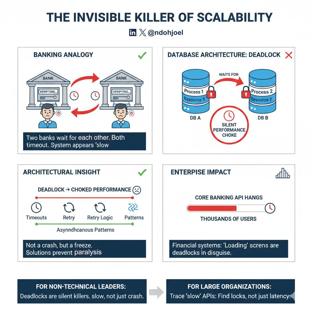 ndohjoel's tweet image. 𝗧𝗵𝗲 𝗜𝗻𝘃𝗶𝘀𝗶𝗯𝗹𝗲 𝗞𝗶𝗹𝗹𝗲𝗿 𝗼𝗳 𝗦𝗰𝗮𝗹𝗮𝗯𝗶𝗹𝗶𝘁𝘆
💡 Fun fact: Many “slow systems” aren’t suffering from bad hardware — they’re stuck in deadlocks.
Think of two banks trying to verify each other’s transaction before proceeding. Both wait. Both timeout.
🧠…