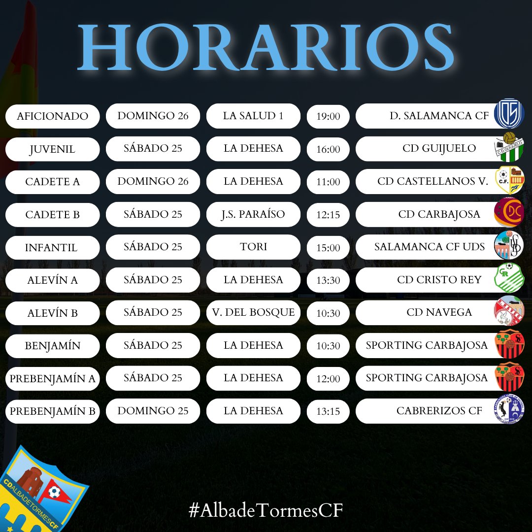 ⏰ HORARIOS | Estos son los horarios de los partidos que disputaremos este fin de semana.

¡Vamos Blancos! 🤍

#albadetormescf