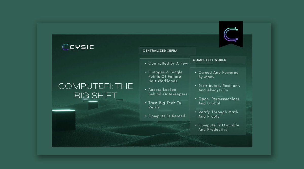 hollyyy's tweet photo. Compute is becoming the world’s most valuable resource~ and @cysic_xyz is redefining how we access it.

In the 20th century, electricity powered the industrial revolution.
In the 21st, compute powers the intelligence revolution.

Every search, every AI model, every crypto transaction spends compute ~ the digital horsepower behind modern life. But right now, that power is centralized in the hands of Big Tech, locked behind costly data centers and controlled supply chains.

> That’s where @cysic_xyz changes the equation.
They’re building ComputeFi ~ transforming compute from a service into an asset class.

Through Proof-of-Compute, Cysic verifies and monetizes real computation.

Idle CPUs and GPUs become productive capital that anyone can own, supply, and earn from ~ not just rent.
ZK proofs, AI training, and scientific workloads all need massive parallel processing, and Cysic’s distributed architecture makes it verifiable, programmable, and scalable.

In short:
➤ Compute becomes decentralized, financialized, and accessible.
➤ Ownership replaces dependency.
➤ Every machine becomes a node in the new intelligence economy.

@cysic_xyz isn’t just building infrastructure ~ it’s shaping the foundation of the Compute Era.
