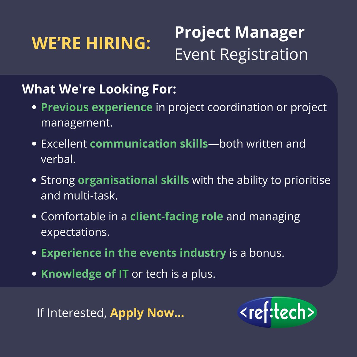 RefTechnology's tweet image. Join the Team💪
You could be our next Project Manager! This is an exciting opportunity to join a motivated and successful team.
✔️Great with communication
✔️Strong with organisation
✔️Comfortable in client-facing role
reftech.com/join-our-team.…
#EventProfs #Hiring #JoinTheTeam