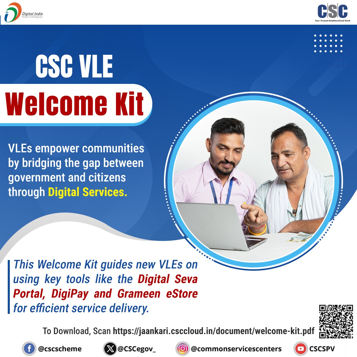 CSCegov_'s tweet image. CSC VLE Welcome Kit...
VLEs empower communities by bridging the gap between government and citizens through digital services. This Welcome Kit guides new VLEs on using key tools like the Digital Seva Portal, DigiPay, and Grameen eStore for efficient service delivery.
To…