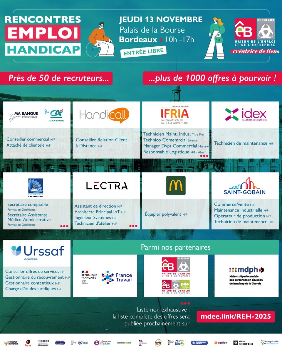 📢 [RENCONTRES EMPLOI HANDICAP 2025] Encore quelques offres parmi les plus de 1000 à découvrir le 13 novembre au Palais de la Bourse !

👀 Plus d'infos : mdee.link/REH-2025

#emploi #inclusion #seeph #seeph2025 #REH2025 #RencontresEmploiHandicap #REH #Bordeaux #MDEE