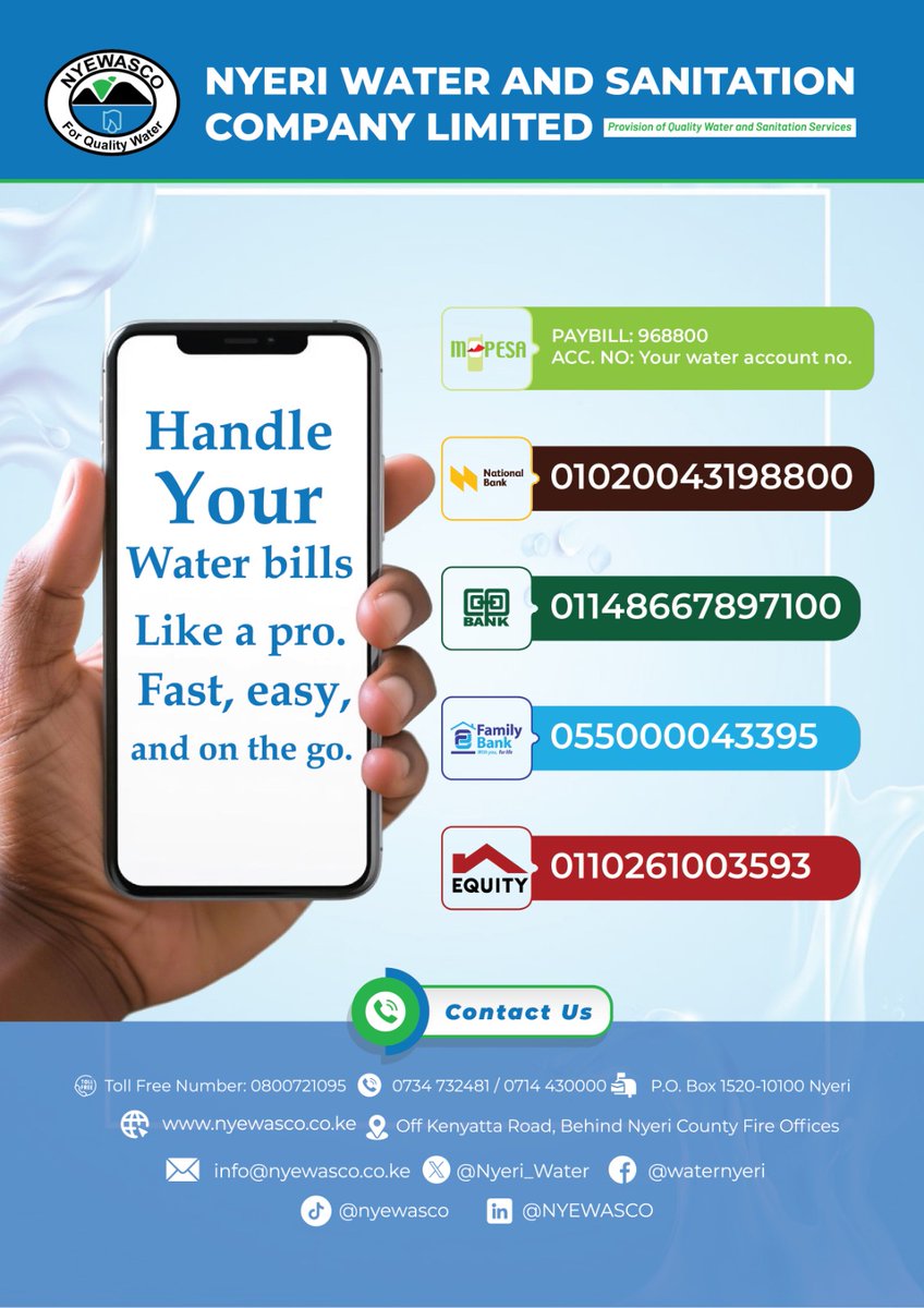 Nyeri_water's tweet image. Keep the Water Flowing!

Pay your NYEWASCO water bill on time to enjoy clean, uninterrupted supply.
✅ Save time
✅ Pay anywhere
✅ Stay on top of your bills
Stay connected. Pay today.
#NYEWASCO #QualityService #Convenience #ForQualityWater