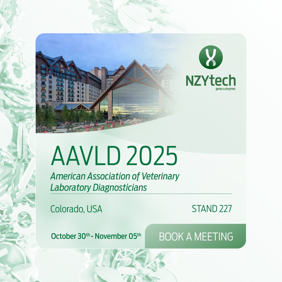 Veterinary labs need fast, reliable, scalable diagnostics.

Meet NZYtech at AAVLD 2025, Booth 227 in Aurora, CO (Oct 30–Nov 5) and explore solutions that boost efficiency &amp; accuracy in animal health testing.

Learn More - go.nzytech.com/some-join-us-a…